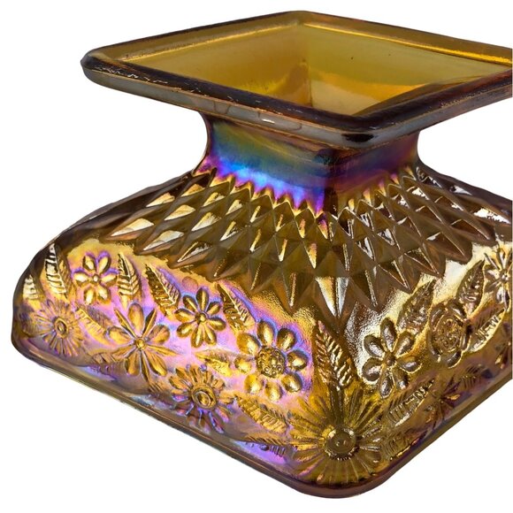 Vintage Iridescent Gold Carnival Glass Diamond Shaped Footed Candy Dish Floral - Picture 16 of 16